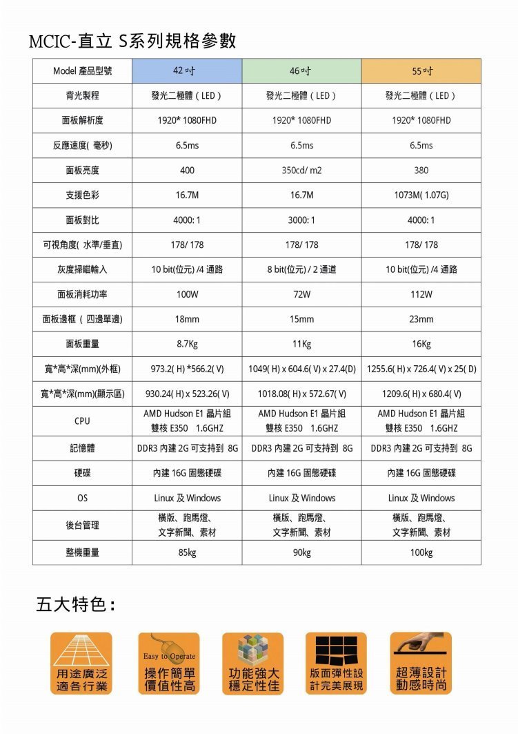 MCIC-N42C 彩晶多媒體廣告機規格表